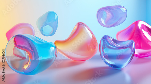 Glass-Like Fluid Abstract Shapes in a Bright 3D Space