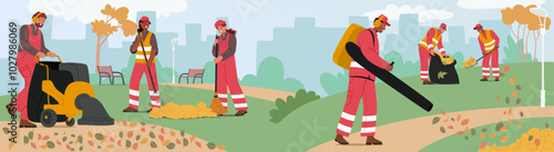 Group Of City Workers Cleaning Up Fallen Autumn Leaves In Public Park. Cartoon Characters Using Tools Like Leaf Blowers