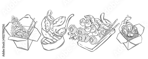 Flying Asian food line icons set. Falling fried rice and noodles boxes with chopsticks, Dim sum dumplings, Japanese sushi, rolls. Asian restaurant menu hand drawn icon collection vector illustration