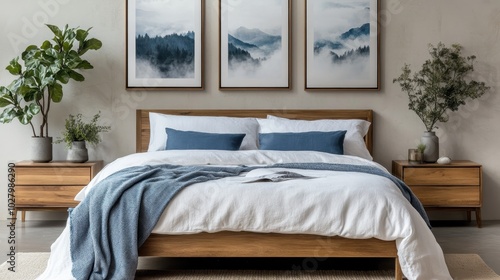 Modern bedroom interior, minimalist design, wooden platform bed, white bedding, blue throw blanket, hanging pendant light, framed landscape triptych artwork, potted plants, natural light, neutral colo photo