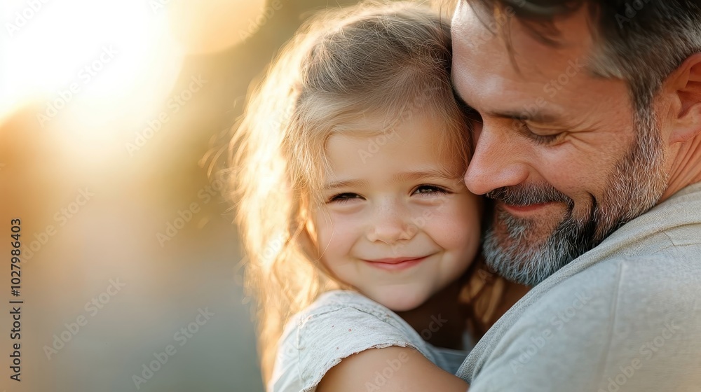 A bearded man shares a heartfelt smile with a young girl in an intimate embrace, capturing a moment of joy and togetherness in a natural outdoor setting. A bearded man shares a heartfelt smile with a young girl in an intimate embrace, capturing a moment of joy and togetherness in a natural outdoor setting.