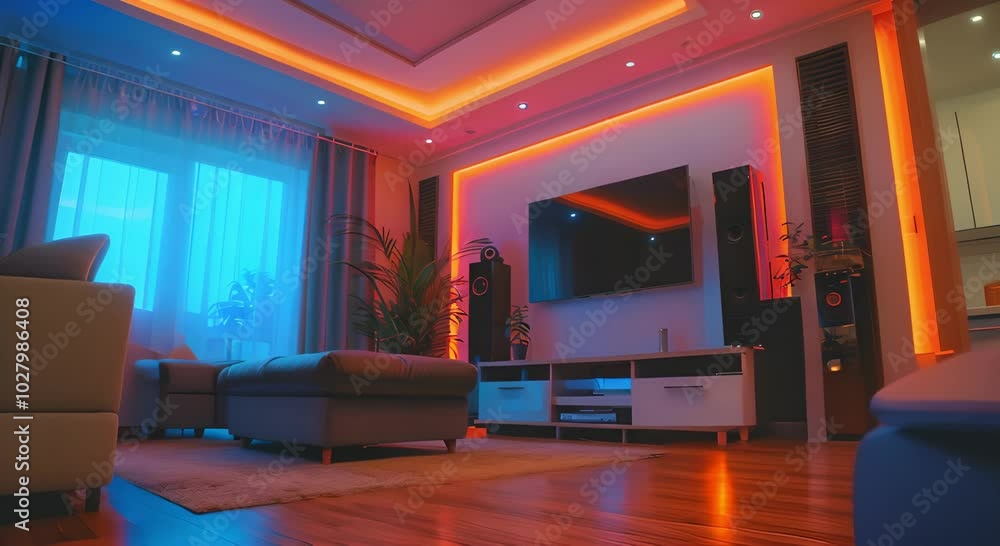 Modern living room with blue and orange LED lighting, flat screen TV, couch, and bean bag chair Modern living room with blue and orange LED lighting, flat screen TV, couch, and bean bag chair