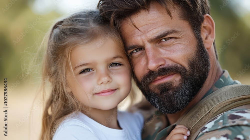 A bearded man in a military uniform lovingly embraces a young girl, both smiling warmly under a clear sky, capturing a tender father-daughter moment of affection. A bearded man in a military uniform lovingly embraces a young girl, both smiling warmly under a clear sky, capturing a tender father-daughter moment of affection.