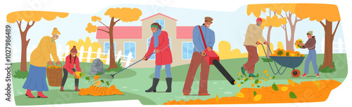 Family Is Raking And Collecting Autumn Leaves In A Backyard. Children And Elders Are Involved In Cleaning Up The Leaves