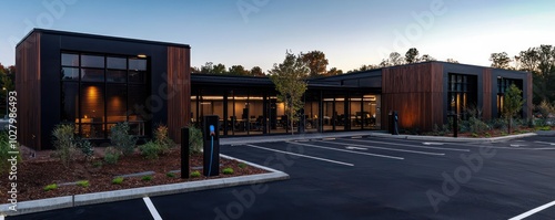 Wallpaper Mural Panoramic architectural view of a modern office with dark wood and black metal, including a large parking lot with electric charging station Torontodigital.ca
