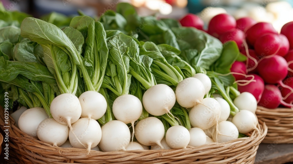 A rustic basket filled with vibrant white radishes showcases their fresh green leaves, highlighting the bounty and richness of a farmer's market setup. A rustic basket filled with vibrant white radishes showcases their fresh green leaves, highlighting the bounty and richness of a farmer's market setup.