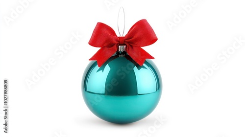 A teal Christmas ornament with a red bow isolated on a white background.