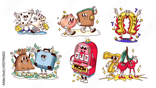 Groovy casino win chance and jackpot cartoon characters set. Funny retro slot machine and dices, horseshoe and money bags. Gambling, casino mascots, cartoon stickers of 70s 80s vector illustration