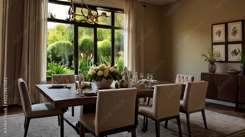 Elegant dining area with a large table, stylish decor, and a panoramic window offering a view of the lush garden. Elegant dining area with a large table, stylish decor, and a panoramic window offering a view of the lush garden.