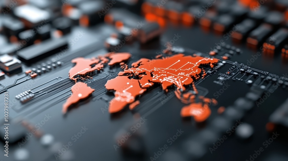 A modern depiction of a red digital world map with advanced circuitry design, emphasizing technological advancement and connectivity across nations. A modern depiction of a red digital world map with advanced circuitry design, emphasizing technological advancement and connectivity across nations.