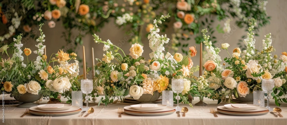 Beautifully Curated Floral Centerpiece and Place Setting on Wooden Table for Formal Dinner Party or Elegant Event Beautifully Curated Floral Centerpiece and Place Setting on Wooden Table for Formal Dinner Party or Elegant Event