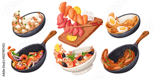 Flying cartoon Asian food set. Falling salmon and tuna sashimi on wooden board, Tom Yam Kung bowl, wok of hot noodles and fried shrimp. Asian restaurant menu cartoon collection vector illustration