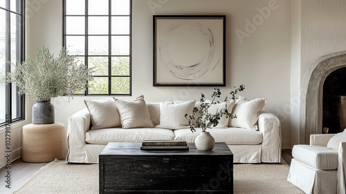 Minimalist living room, neutral tones, beige sofa, black coffee table, large window, natural light, textured walls, arched doorway, abstract circular artwork, potted plant, modern interior design, Zen