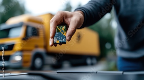 A close-up of a hand holding a GPS navigation device, with a yellow delivery truck blurred in the background, epitomizing modern navigation and transport. photo