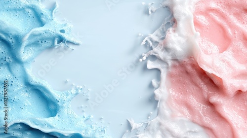 Playful splashes of vibrant blue and pink foam merge together with white bubbles, creating a lively and energetic abstract image of dynamic movement and joy. photo