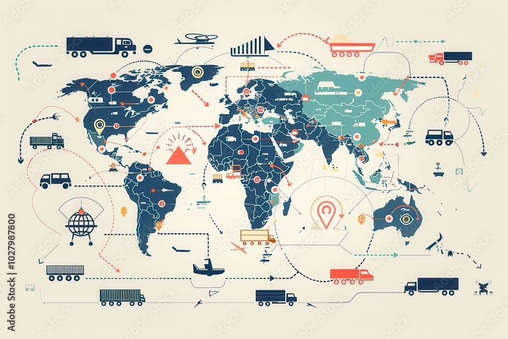 The map displays key global transportation routes with icons ...