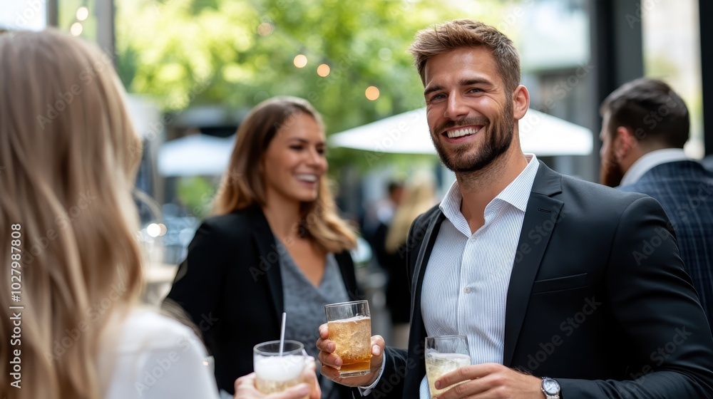 An elegant social event captured outside with guests mingling while holding drinks, highlighting sophistication, enjoyment, and modern social interactions. An elegant social event captured outside with guests mingling while holding drinks, highlighting sophistication, enjoyment, and modern social interactions.