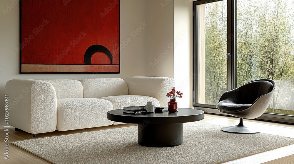 Minimalist living room, modern interior design, white boucle sofa, curved armchair, black coffee table, large abstract red artwork, floor-to-ceiling windows, natural light, beige carpet, neutral color Minimalist living room, modern interior design, white boucle sofa, curved armchair, black coffee table, large abstract red artwork, floor-to-ceiling windows, natural light, beige carpet, neutral color