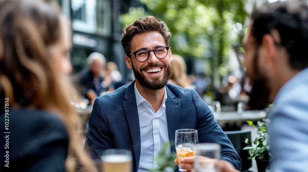 A man in a blue suit, with glasses, laughs over drinks while sitting at an outdoor cafe, engaging in lively conversation with friends amidst a bustling backdrop. A man in a blue suit, with glasses, laughs over drinks while sitting at an outdoor cafe, engaging in lively conversation with friends amidst a bustling backdrop.