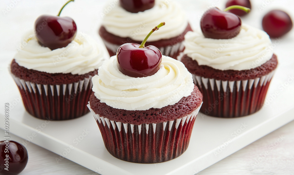 red velvet cupcakes topped with white frosting and cherries. The cupcakes are arranged on a white plate with a light background, creating a fresh and inviting dessert display. red velvet cupcakes topped with white frosting and cherries. The cupcakes are arranged on a white plate with a light background, creating a fresh and inviting dessert display.