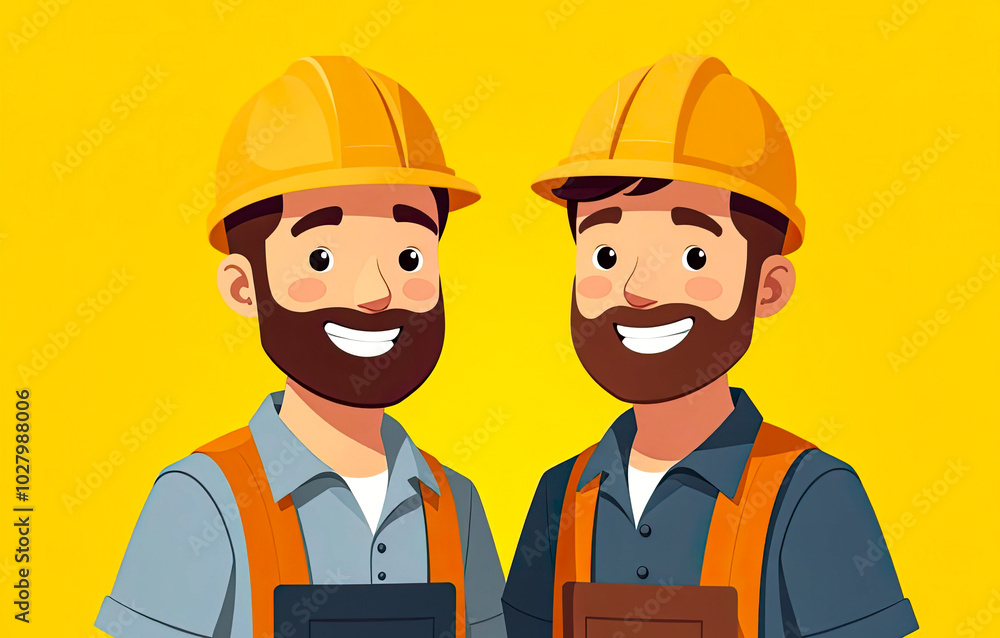 Two Construction Workers in uniform, isolated on yellow background. Illustration of Happy Men Builders in helmets, Cartoon style Two Construction Workers in uniform, isolated on yellow background. Illustration of Happy Men Builders in helmets, Cartoon style