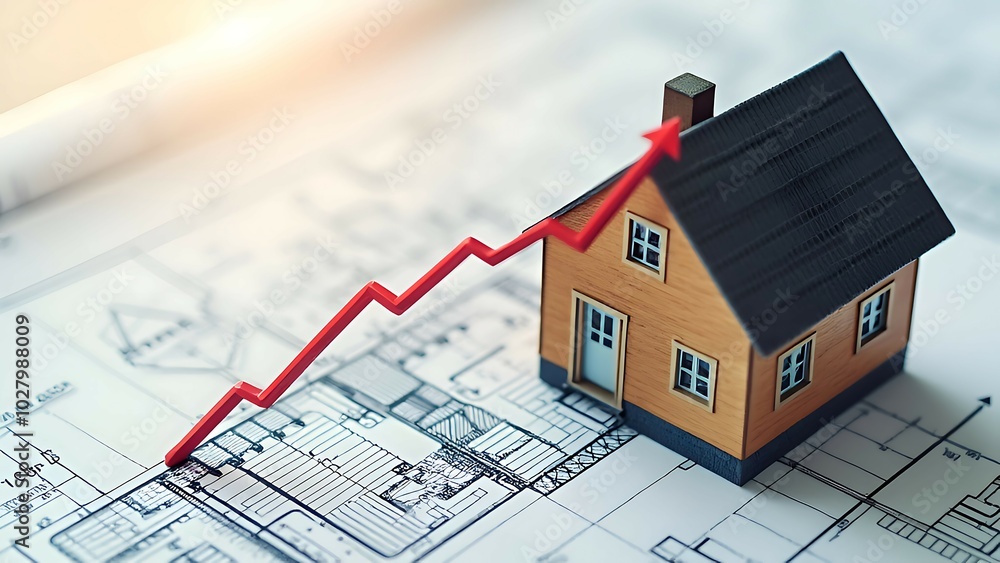 A house blueprint with a growing graph, symbolizing real estate business success.