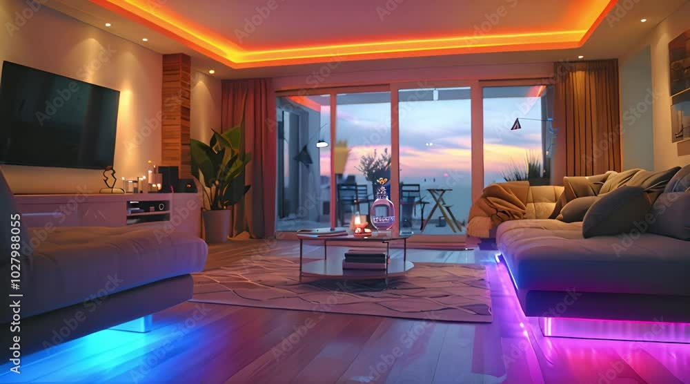 Modern Living Room with Sunset View and LED Lighting Modern Living Room with Sunset View and LED Lighting