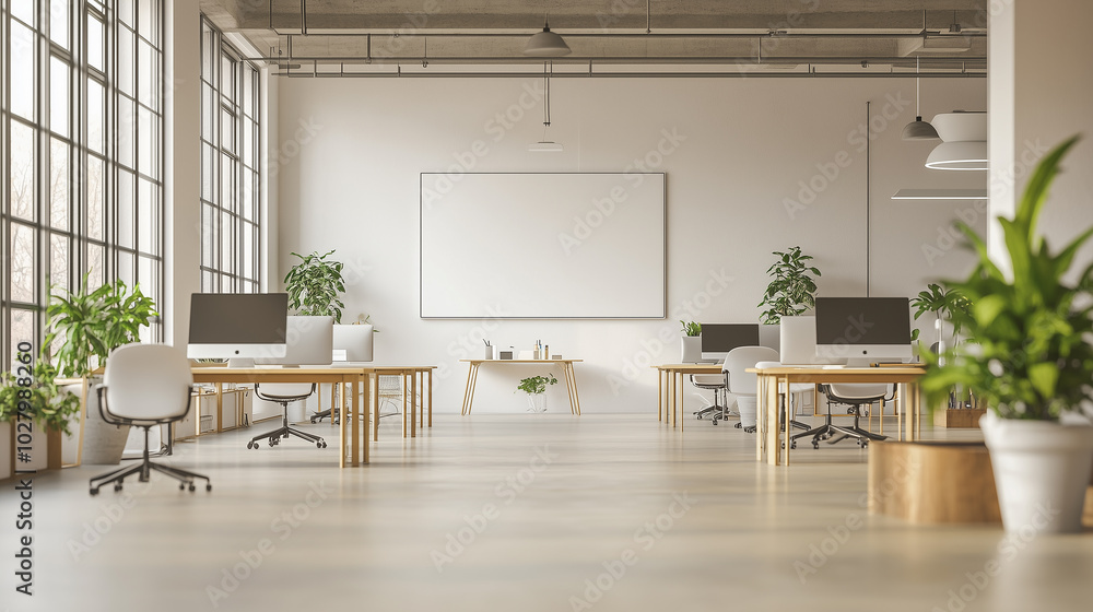 Fototapeta premium Open-Concept Office with Minimal Tech and Modern Design, generative ai