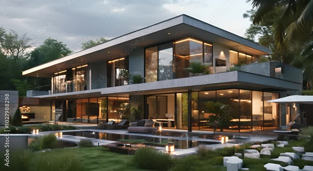 Modern Luxury Home with Pool and Lush Greenery at Dusk Modern Luxury Home with Pool and Lush Greenery at Dusk