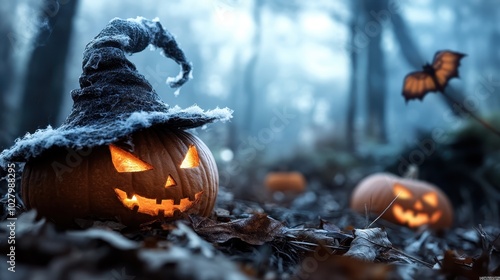 A sinister carved pumpkin with a witch's hat and glowing eyes is nestled among fallen leaves, with other pumpkins scattered in a dimly lit, eerie forest setting. photo