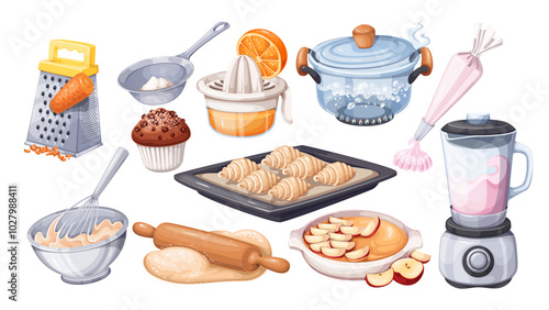 Cooking process, cartoon food preparation set. Making apple pie, cream with piping bag and smoothie in blender, rolling out dough. Pastry recipe, bakery mascot, cartoon cooking vector illustration