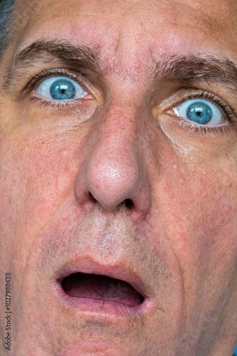 Funny, surprised and weird face expression of a close up man.