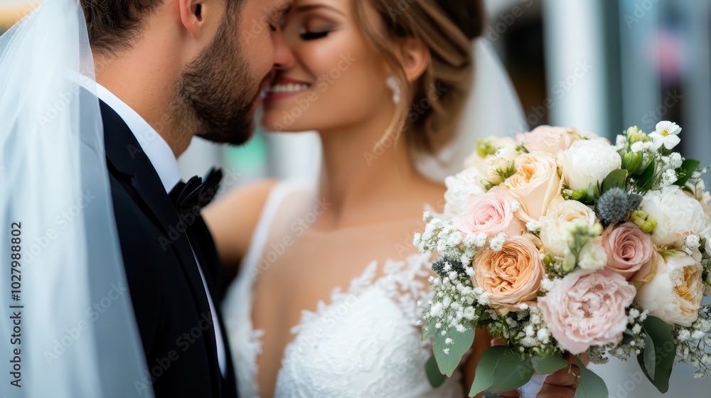 A bride and groom share a romantic close-up moment on their wedding day. The bride is elegantly holding a bouquet of soft pastel roses, embodying love. A bride and groom share a romantic close-up moment on their wedding day. The bride is elegantly holding a bouquet of soft pastel roses, embodying love.