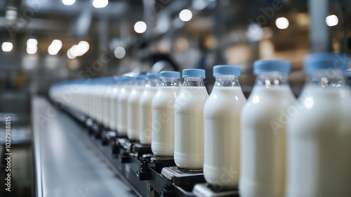 A row of glass milk bottles on a conveyor belt in a modern factory.