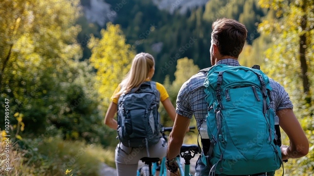 Two people with backpacks are hiking and biking along a forested mountain trail, showcasing adventure, friendship, and appreciation for the natural world. Two people with backpacks are hiking and biking along a forested mountain trail, showcasing adventure, friendship, and appreciation for the natural world.