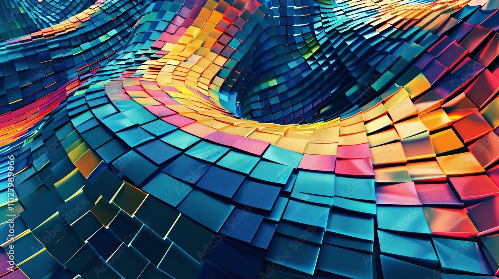 Fototapeta premium Colorful metallic squares forming a dynamic and modern wave shape