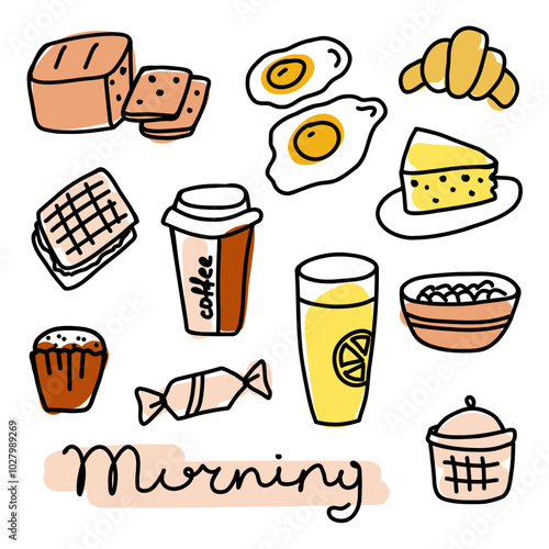 A cheerful morning breakfast spread featuring various foods like eggs, coffee, and pastries, capturing the essence of a bright start to the day