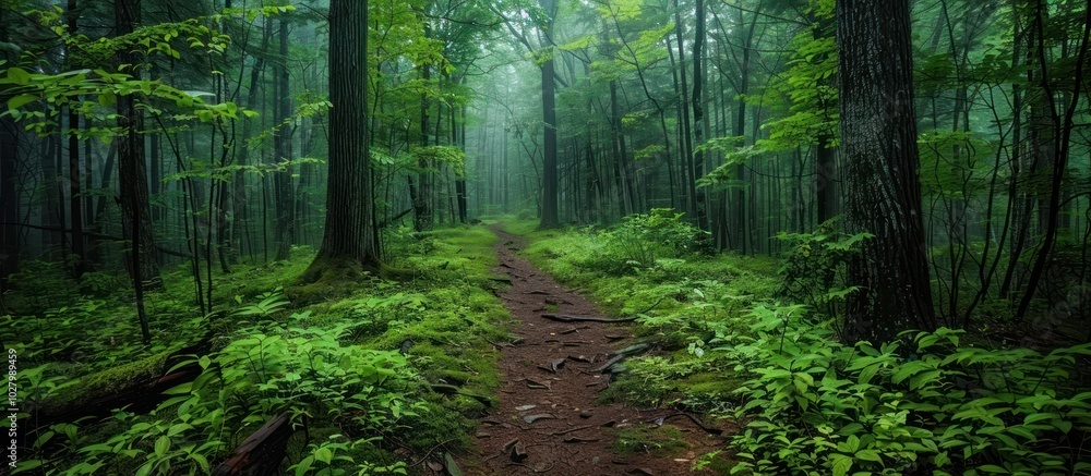 Fototapeta premium Misty forest path winding through a lush verdant landscape of towering trees and vibrant foliage creating a serene enchanting and atmospheric natural setting that invites and discovery