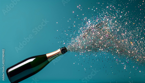 An open bottle of champagne sprays sparkling silver glitter and bursts of confetti into the air against a blue background. Festive atmosphere.