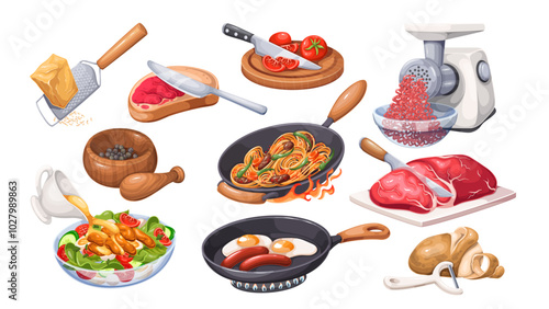 Cooking process, cartoon food preparation set. Making salad with sauce and minced meat, frying noodles and breakfast eggs in pan, cutting ingredients. Food mascot, cartoon cooking vector illustration