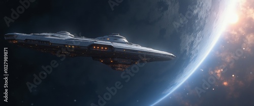 Fototapeta Naklejka Na Ścianę i Meble -  Futuristic space station orbiting distant planet