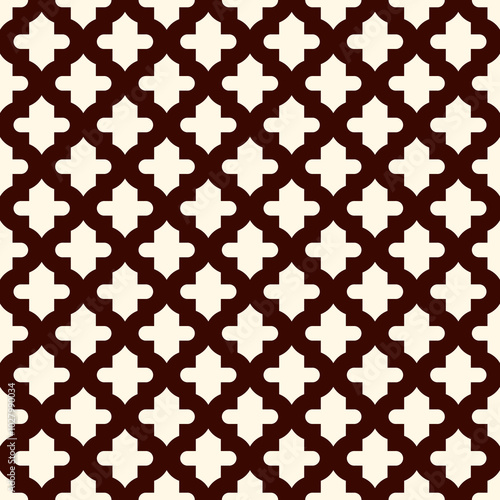 Seamless surface design with ogee ornament. Oriental traditional pattern with repeated mosaic tile. Tracery window wallpaper. Moroccan crosses motif. Arabesque digital paper, textile print. Vector art