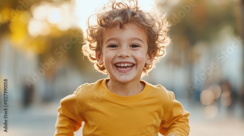 With bright eyes and curly hair, a child runs enthusiastically in a yellow shirt, evoking the spirit of joy and freedom in a sunlit autumn atmosphere. photo