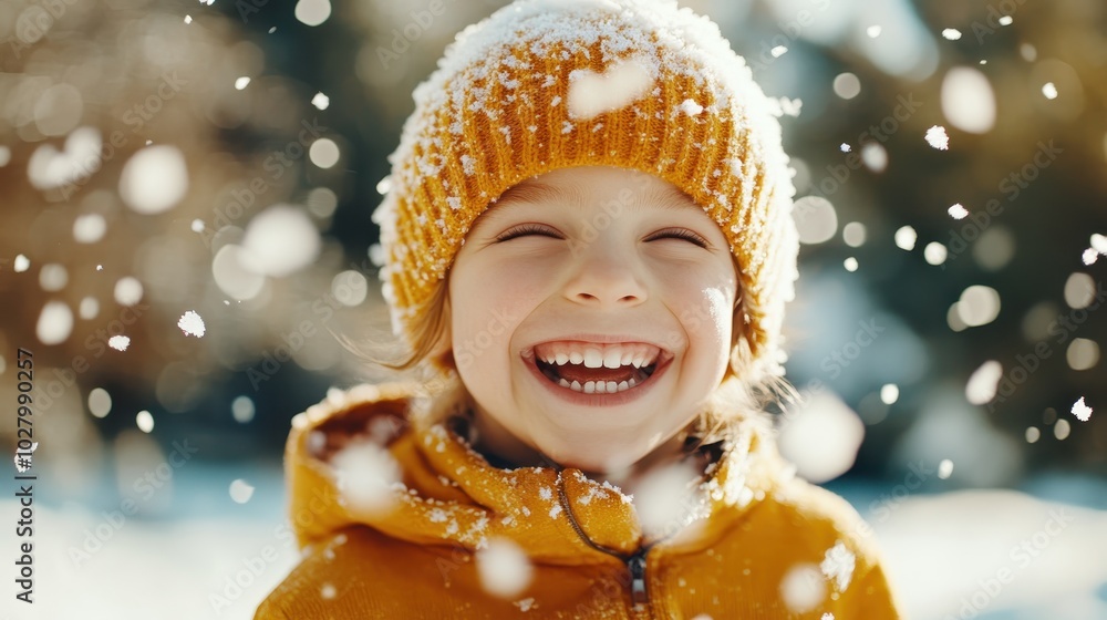 A delighted child enjoys the snowfall, emphasizing the wonder of winter with a wide smile, bright yellow hat, and jacket contrasting with the soft white snow. A delighted child enjoys the snowfall, emphasizing the wonder of winter with a wide smile, bright yellow hat, and jacket contrasting with the soft white snow.