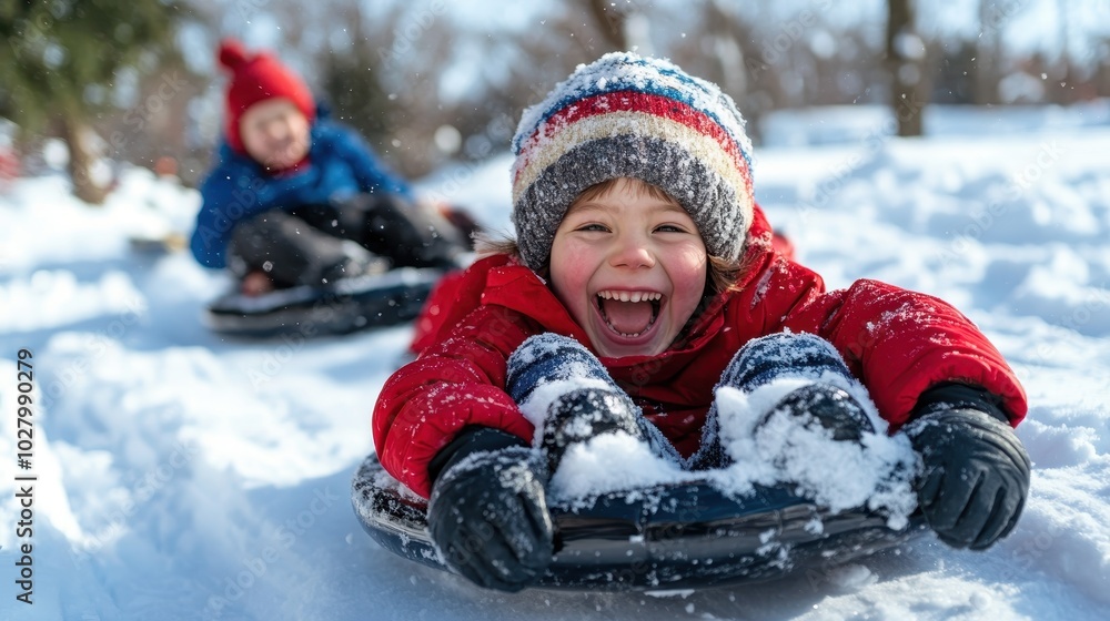 Joyful children sledding down a snowy hill in bright winter clothing, capturing the excitement and thrill of outdoor play in the fresh winter air. Joyful children sledding down a snowy hill in bright winter clothing, capturing the excitement and thrill of outdoor play in the fresh winter air.