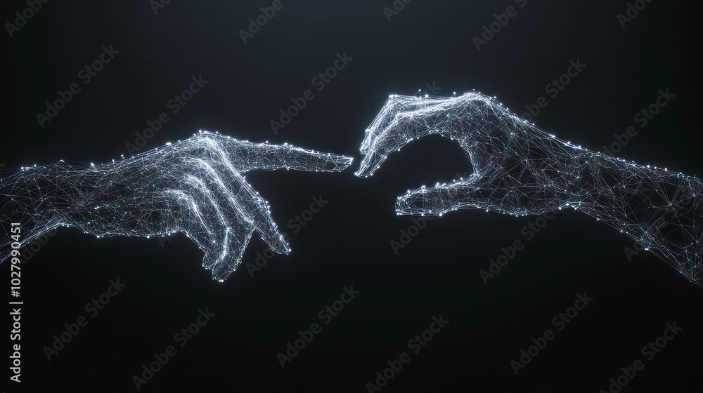 Two glowing hands, one pointing, one cupping, against a dark background. Two glowing hands, one pointing, one cupping, against a dark background.