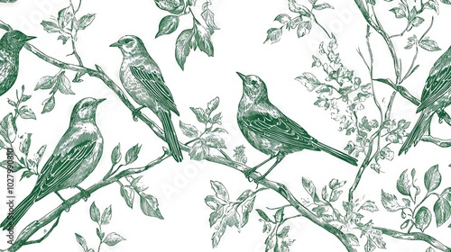   A flock of avians perched on a tree limb adjacent to a verdant green and white backdrop