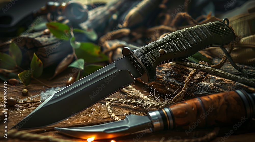 Naklejka premium Survival knife background, copy space, space for text, Generative AI