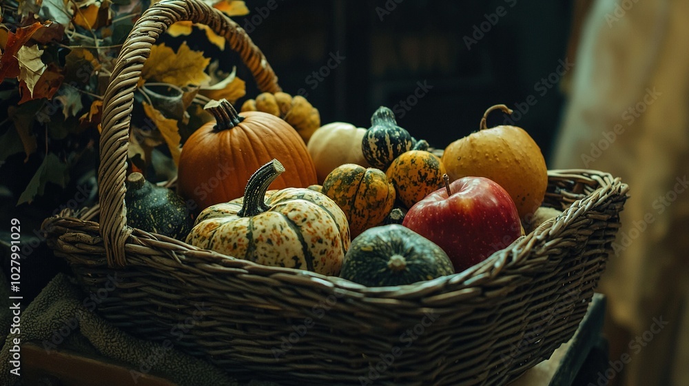 Wicker basket filled with diverse pumpkins and gourds on table Wicker basket filled with diverse pumpkins and gourds on table