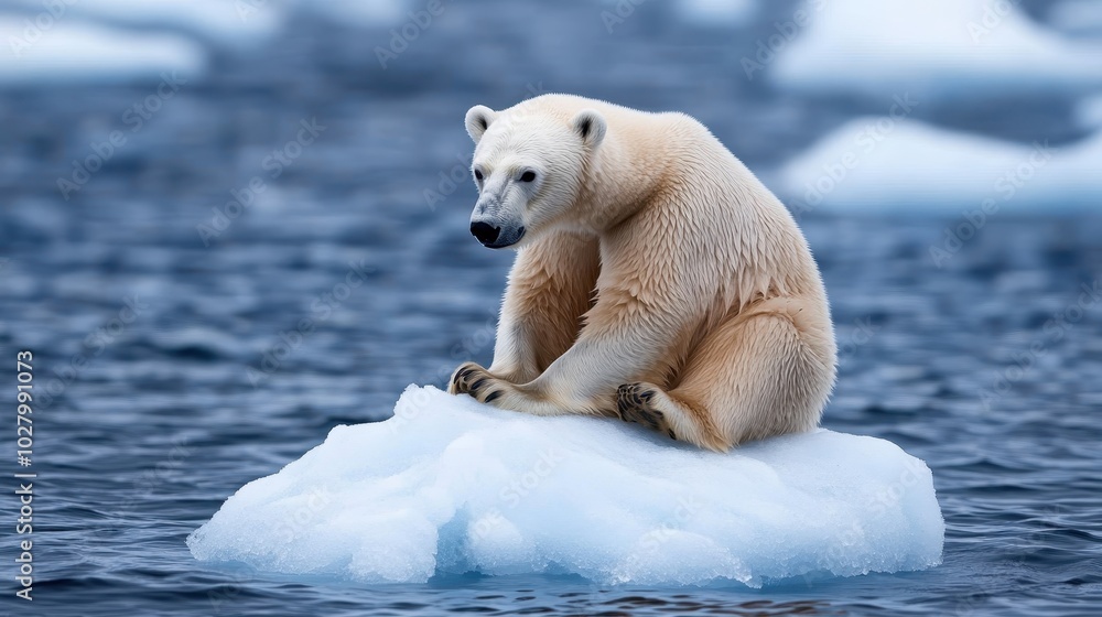 A lone polar bear is perched on a shrinking piece of ice, emphasizing the environmental struggles faced by polar wildlife in a warming world. A lone polar bear is perched on a shrinking piece of ice, emphasizing the environmental struggles faced by polar wildlife in a warming world.